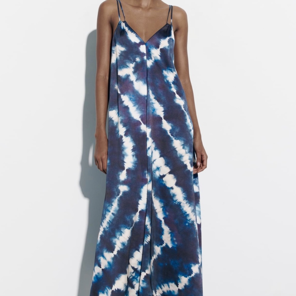 Zara Navy and White Tie-Dye Midi Dress